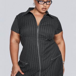 Wynona Mini Dress White / Grey Pinstripe Curve