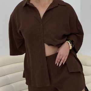 Peni Linen Button Down Top Chocolate Curve