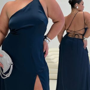 Kiss Of Life Satin Maxi Dress Navy Curve