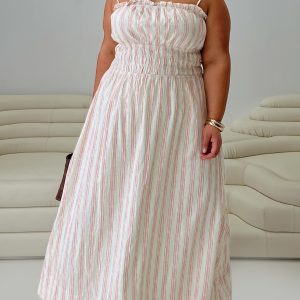 Persephone Shirring Linen Maxi Dress Pink Stripe Curve
