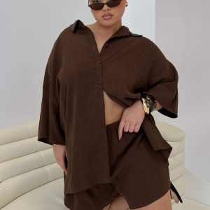 Peni Drawstring Linen Shorts Chocolate Curve