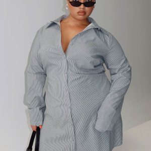 Publicity Long Sleeve Mini Dress Blue Pinstripe Curve