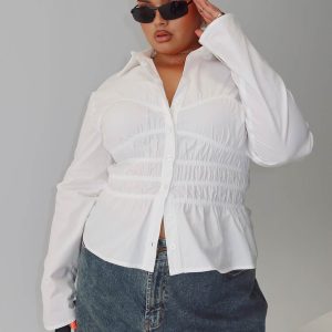 Liesel Shirred Long Sleeve Top White Curve