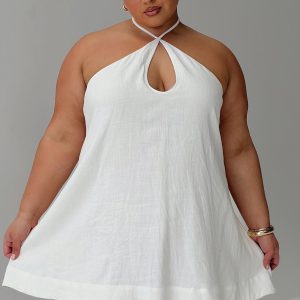 Thomasina Linen Halter Dress White Curve