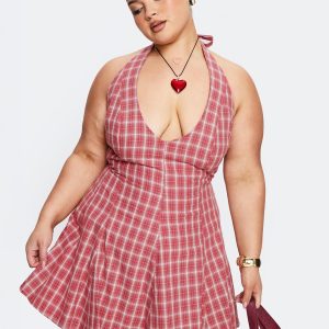 Out Of Nowhere Halter Mini Dress Red Check Curve