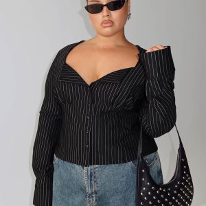 Set For Life Foldover Detail Long Sleeve Top Black / White Pinstripe Curve