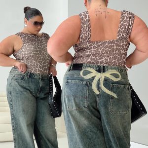 Ribbon Stamp Low Rise Wide Leg Jeans Antique Wash Curve