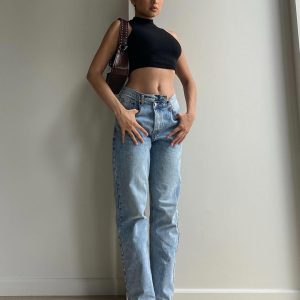 Holly Mid Rise Straight Leg Asymmetric Jean Light Wash Denim