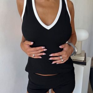 Baseline V Neck Rib Tank Top Black / White