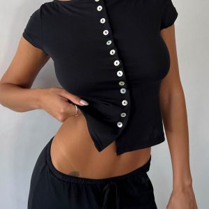 Angellina Jersey Button Down Top Black