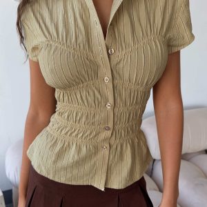 Liesel Shirred Short Sleeve Top Butter Stripe