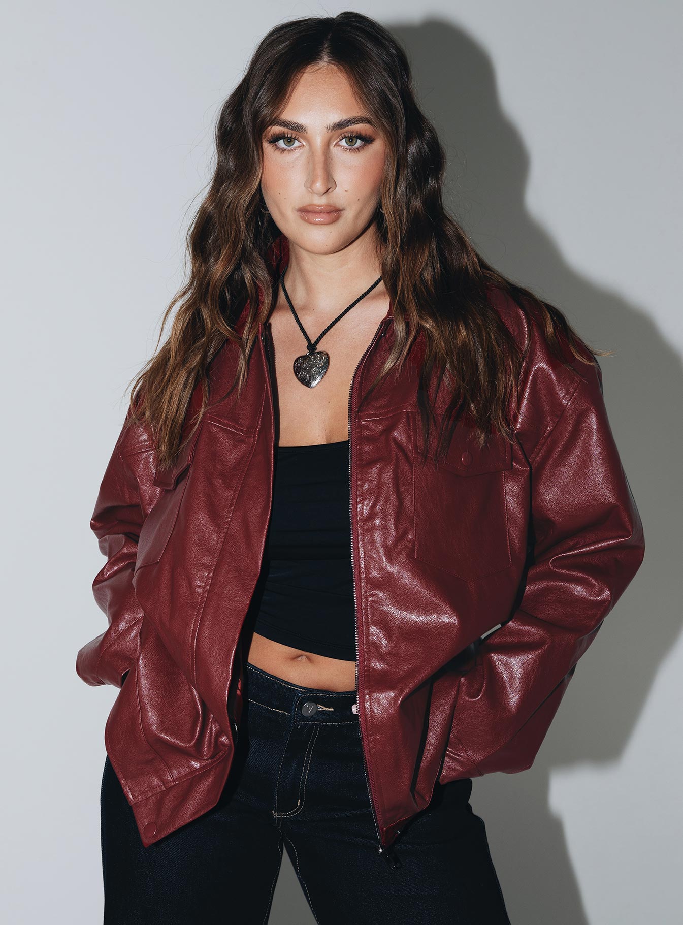 Callie Faux Leather Jacket Burgundy - Image 8