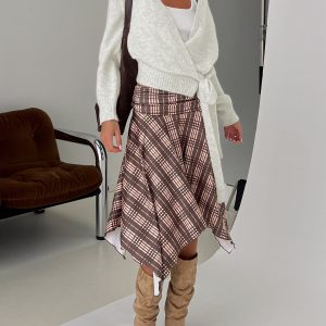 Scholar Asymmetrical Midi Skirt Brown Check