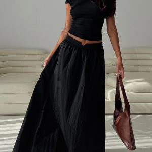 Rennata Gathered Mid Rise Maxi Skirt Black