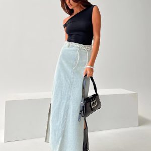 Brandee Tie Front Denim Maxi Skirt Light Wash