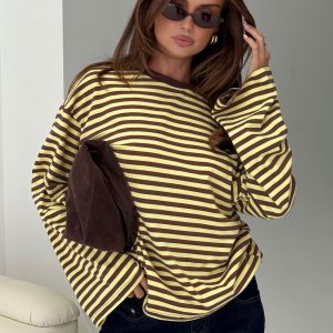 Settle Down Long Sleeve Top Yellow / Brown Stripe
