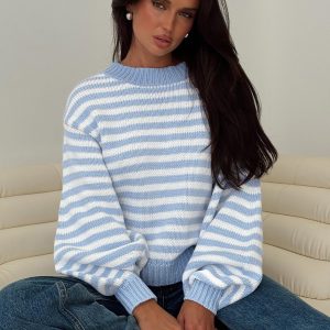 Harmony Balloon Sleeve Knit Sweater Blue / White Stripe