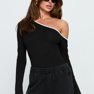 Andrielle One Shoulder Long Sleeve Bodysuit Black / White
