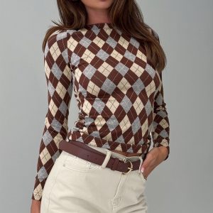 Shonna Boat Neck Long Sleeve Top Argyle