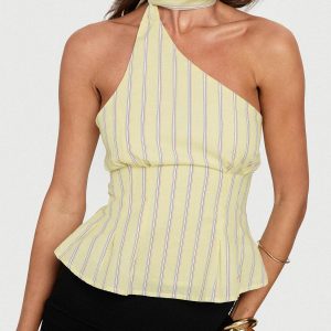 Zukaia One Shoulder Scarf Top Yellow Stripe
