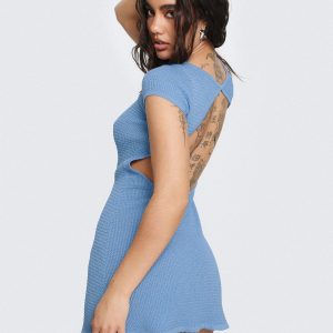 Rhapsody Cap Sleeve Knit Mini Dress Blue