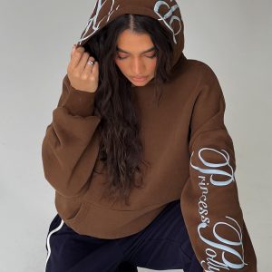 Princess Polly Script Text Graphic Hoodie Brown / Blue