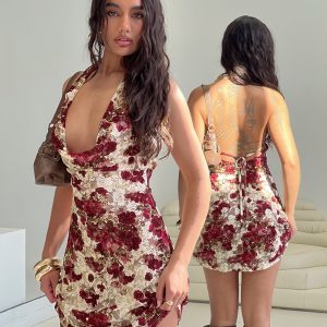 Salome Halter Cowl Neck Mini Dress Red Multi