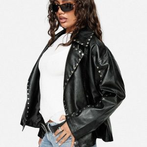 Kaeden Faux Leather Stud Detail Biker Jacket Black