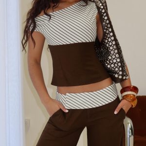 Past Life One Shoulder Top Brown / Stripe