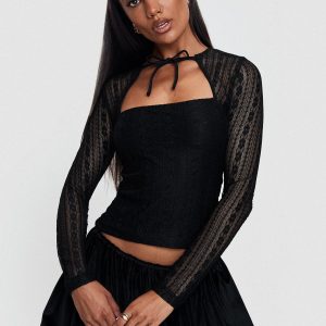 Worth My Time Tie Neck Cut Out Top Black