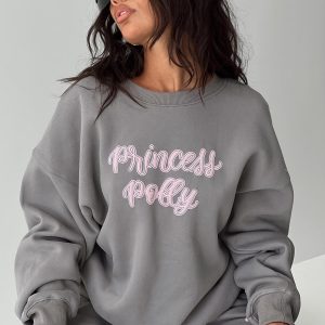 Princess Polly Crew Neck Sweatshirt Puff Text Charcoal