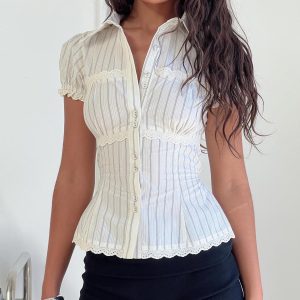 Deserve You Puff Sleeve Button Front Top Cream Stripe