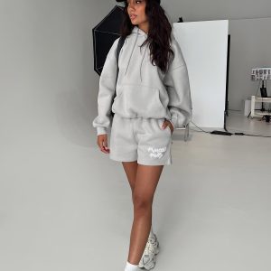 Princess Polly Track Shorts Puff Text Grey