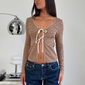 Maemi Long Sleeve Tie Up Top Brown Check