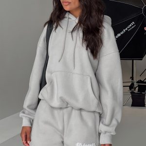 Princess Polly Hooded Sweatshirt Puff Text Grey