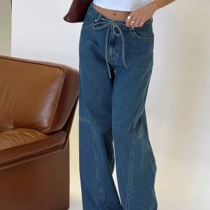 Bruiser Tie Waist Mid Rise Wide Leg Jeans Mid Blue Wash
