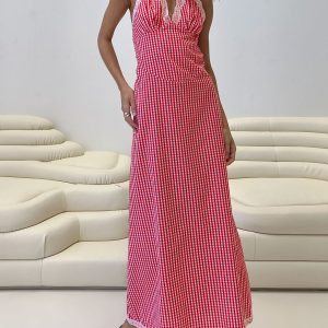 Betsie Halter Lace Maxi Dress Red Gingham