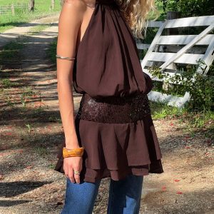 Zenayda Drop Waist Sequin Mini Dress Brown