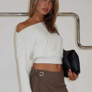 Ashlinn Off Shoulder Long Sleeve Drapey Top Grey Marle