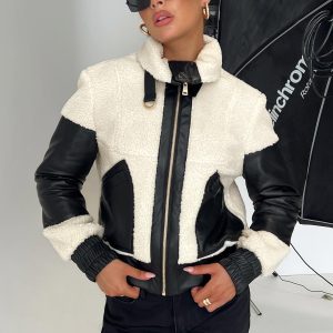 Rachale Faux Leather Shearling Jacket Black / Cream
