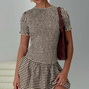 Laurita Shirred Mini Dress Brown Check Tall
