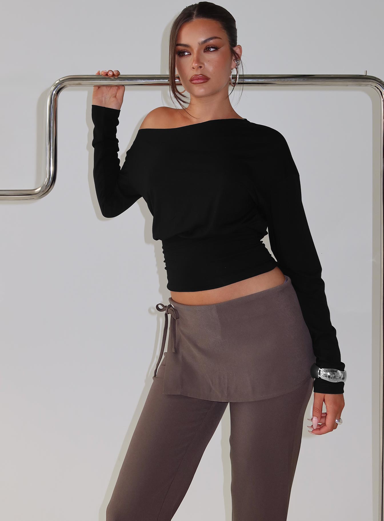 Ashlinn Off Shoulder Long Sleeve Drapey Top Black