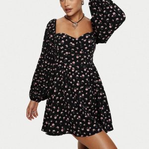 Darso Long Sleeve Mini Dress Black Floral