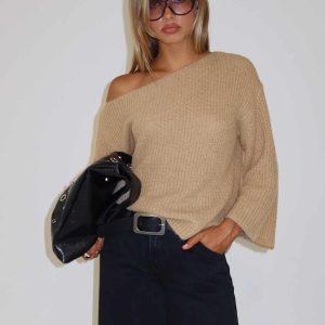 Delyn Off Shoulder Slouchy Knit Sweater Camel