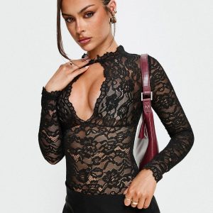 Kamara Long Sleeve Lace Bodysuit Black