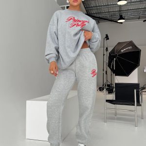 Princess Polly Track Pants Cursive Text Grey Marle/ Red