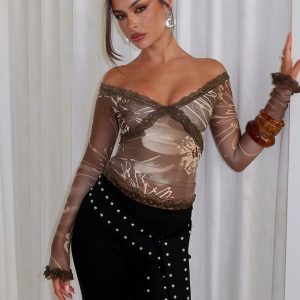 Katlyne Long Sleeve Lace Trim Top Brown Floral