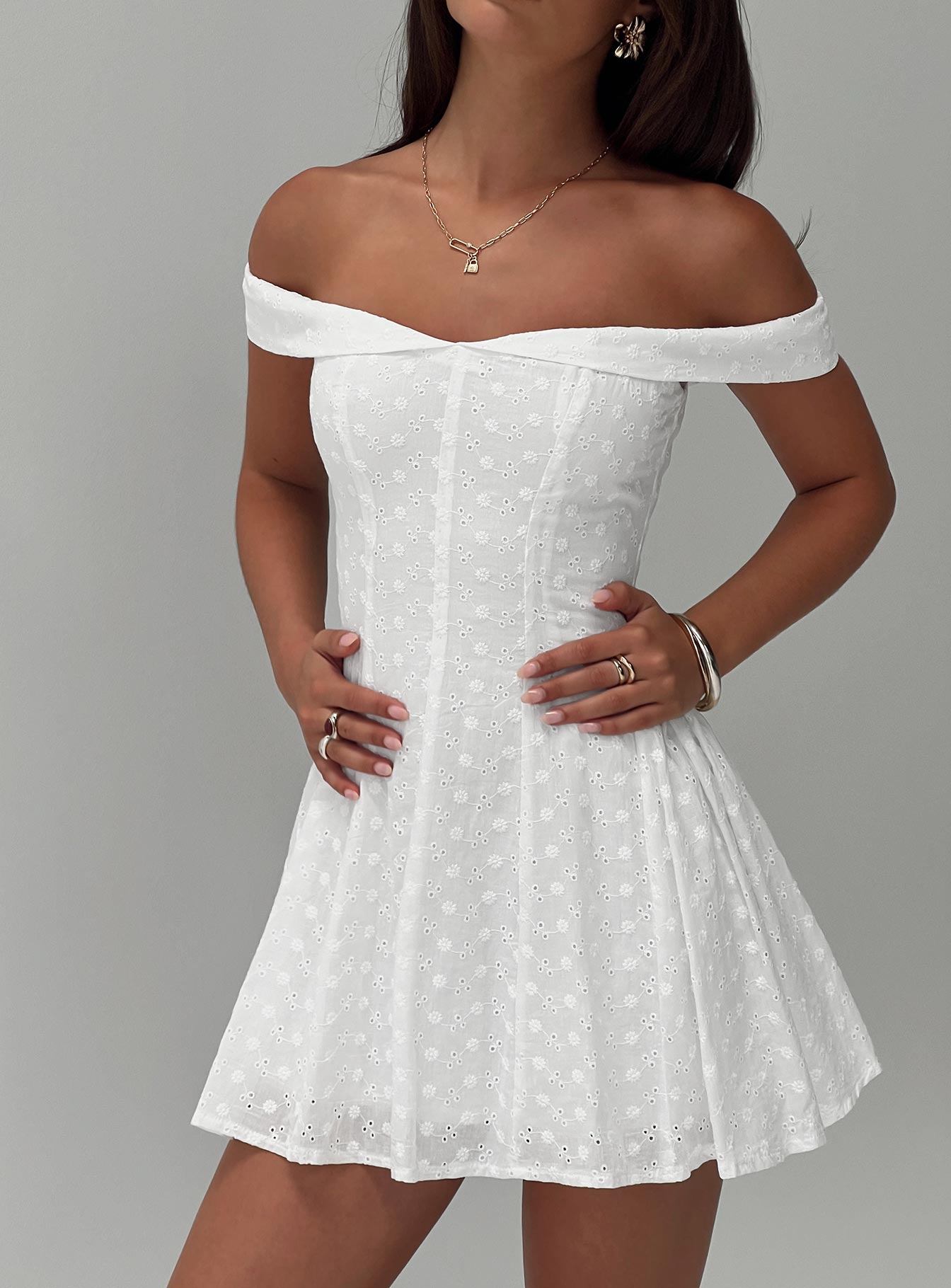 Rosebud Broderie Off The Shoulder Mini Dress White - Image 8