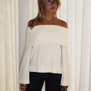 Margarete Off Shoulder Knit Sweater Cream