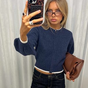 Amandi Zip Through Knit Jumper Navy / Cream